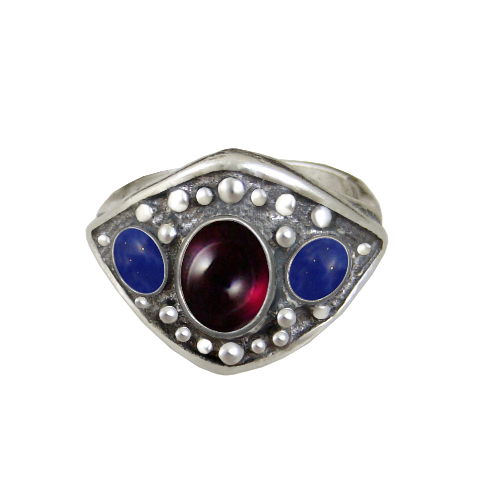 Sterling Silver Medieval Lady's Ring with Garnet And Lapis Lazuli Size 9